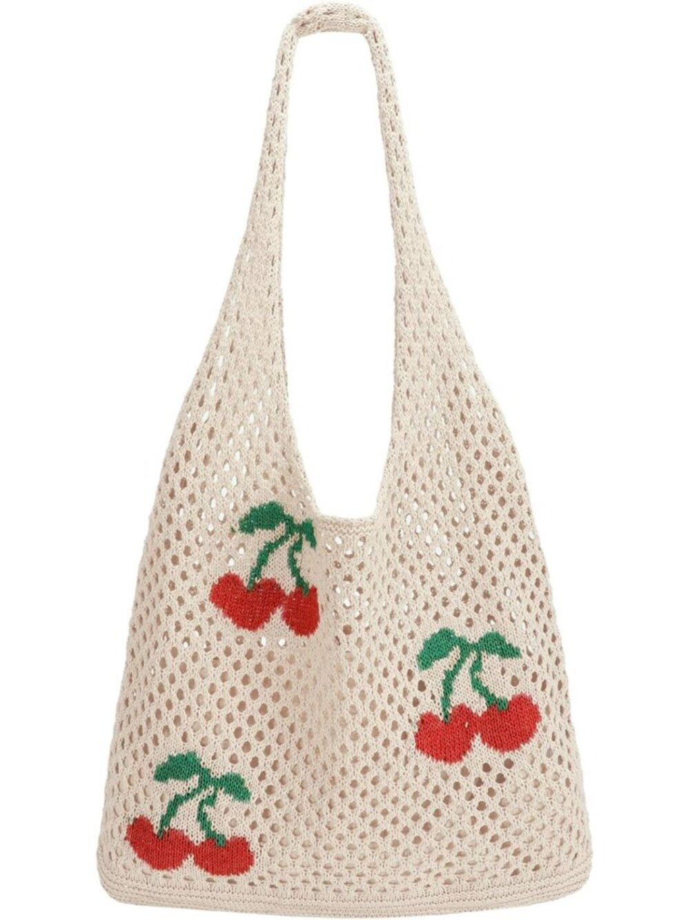 Women's Cherry Beige Summer Vacation Aesthetic Knit Boho Mesh Beach Tote Bag